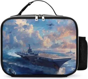 Military USS Battleship Novelty Insulated Lunch Bag Funny Reusable Leakproof Tote Box With Handle Pocket For Work Picnic Camping 10.5 × 8.5 × 3.5 Inch