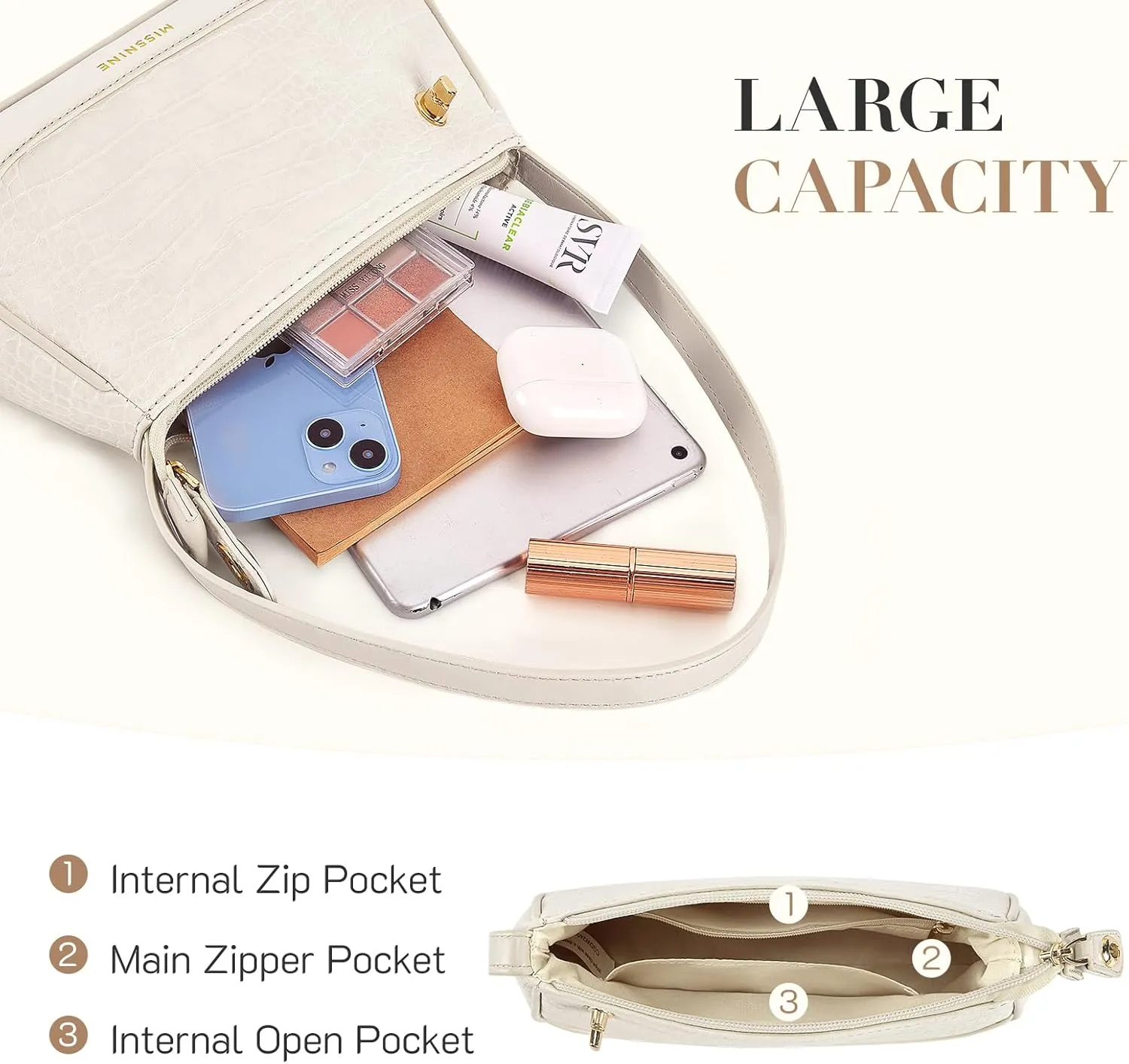 Missnine Shoulder Bag for Women Small Purse Trendy Clutch Hobo Bag Vegan Leather Mini Handbag with Zipper Closure