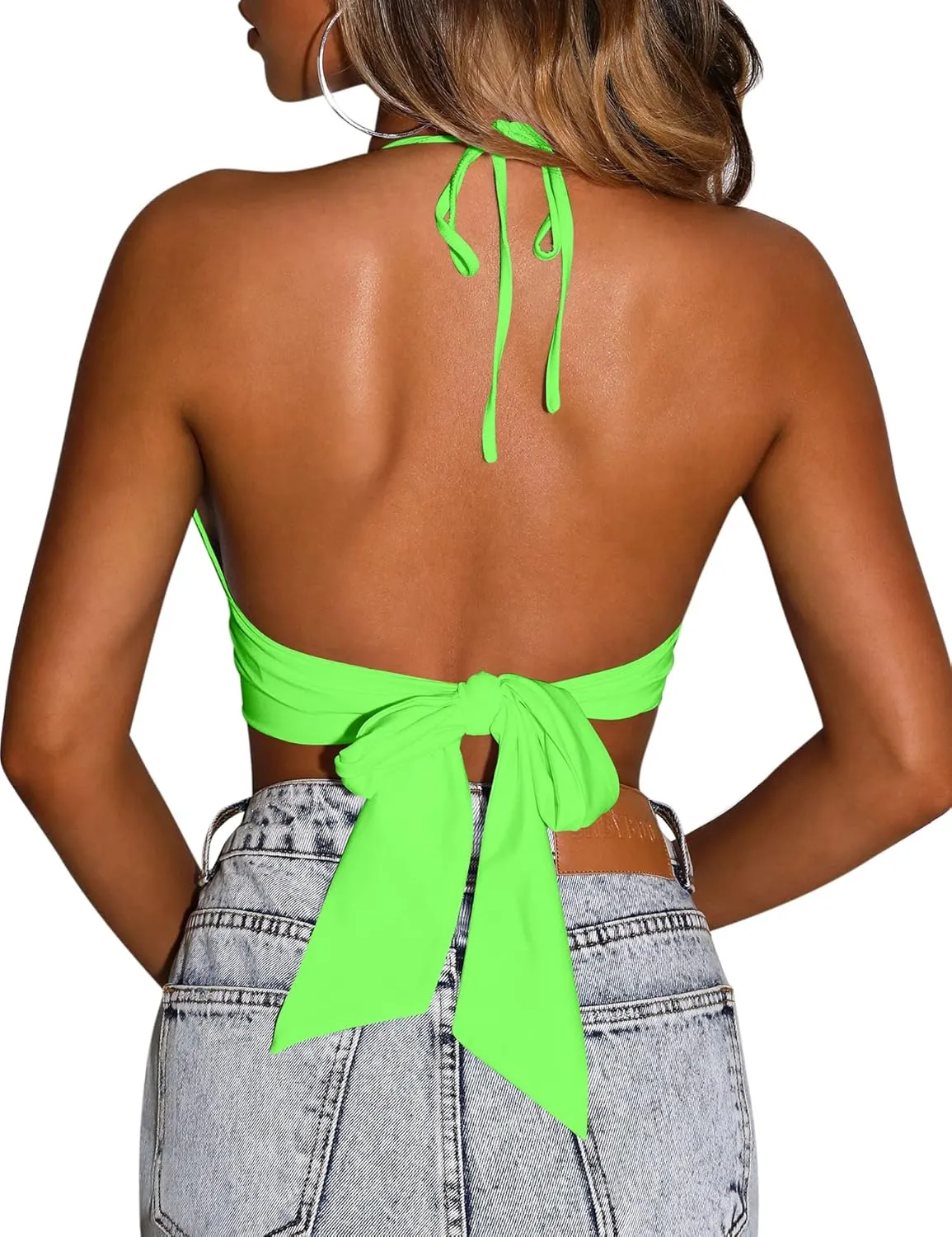 Mizoci Women's Sexy Summer Sleeveless Halter Deep V Neck Crop Top Tie Up Backless Cami