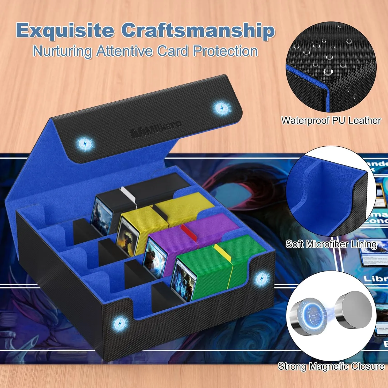 Mlikero Card Deck Case, 2400  Trading Card Storage Box with 10 Colorful Dividers and 4 Foam Stoppers, Leather Magnetic Closure Commander Deck Box Fit for MTG, TCG (4 Rows, Black&Blue)