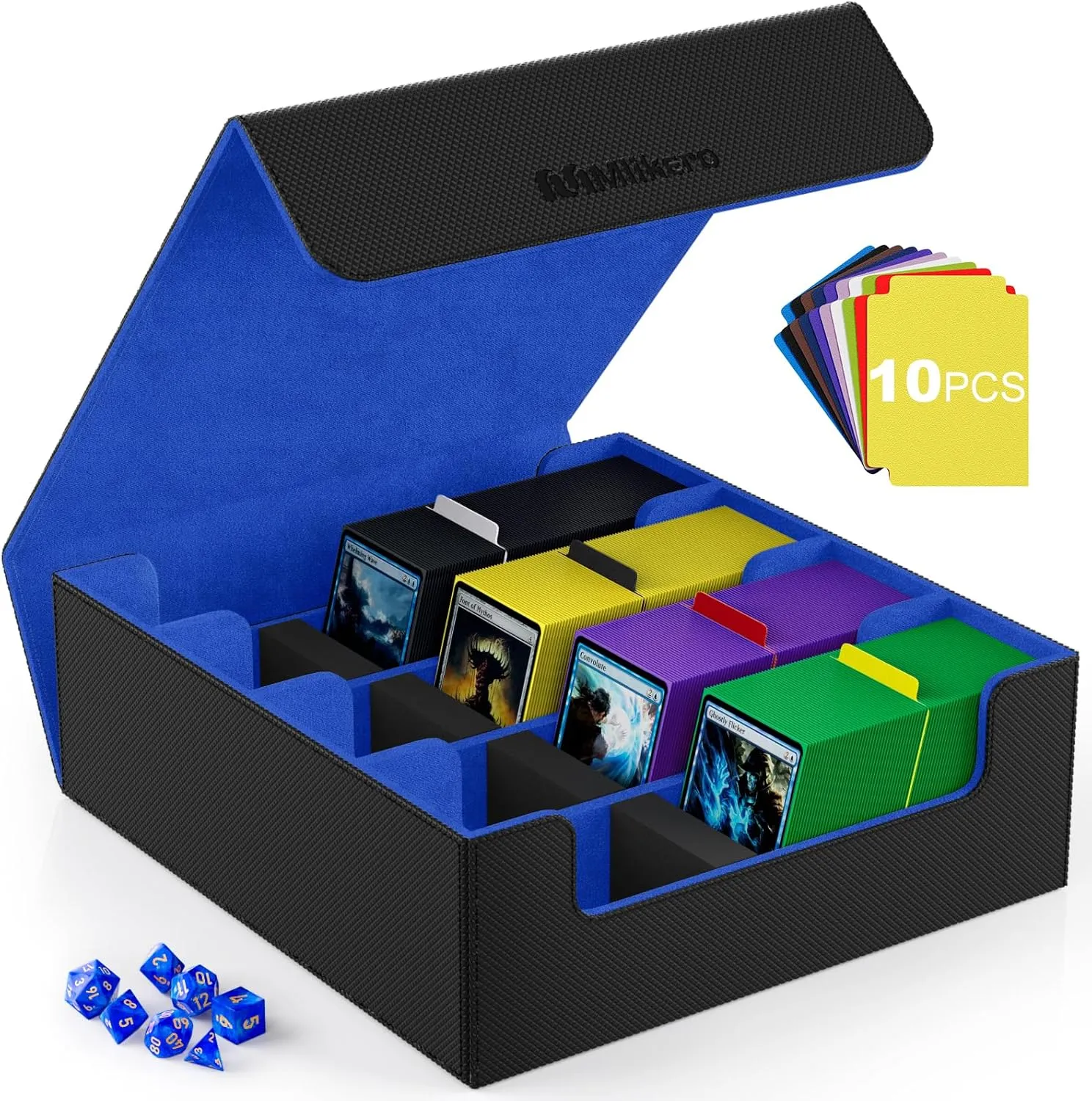 Mlikero Card Deck Case, 2400  Trading Card Storage Box with 10 Colorful Dividers and 4 Foam Stoppers, Leather Magnetic Closure Commander Deck Box Fit for MTG, TCG (4 Rows, Black&Blue)