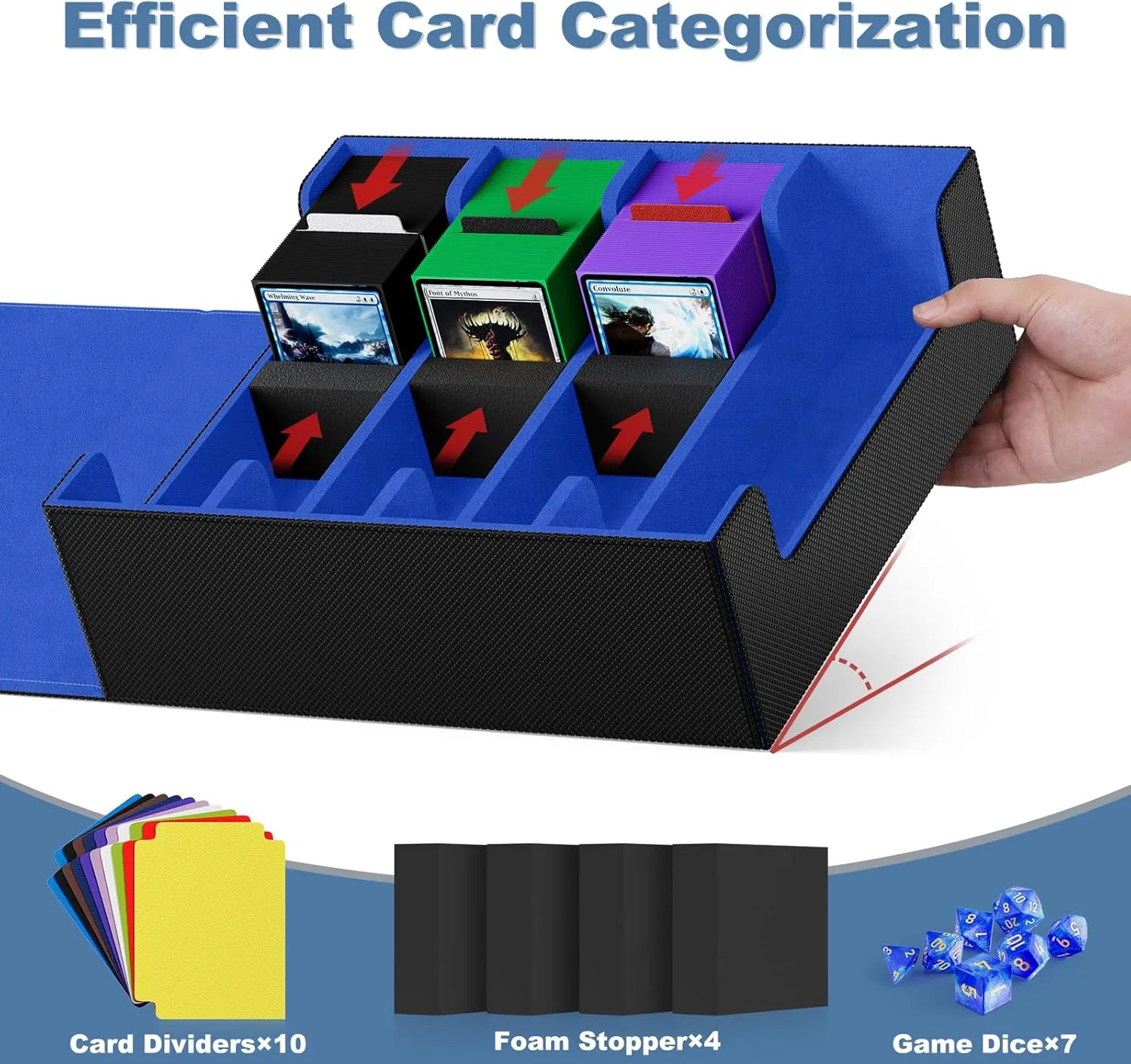 Mlikero Card Deck Case, 2400  Trading Card Storage Box with 10 Colorful Dividers and 4 Foam Stoppers, Leather Magnetic Closure Commander Deck Box Fit for MTG, TCG (4 Rows, Black&Blue)