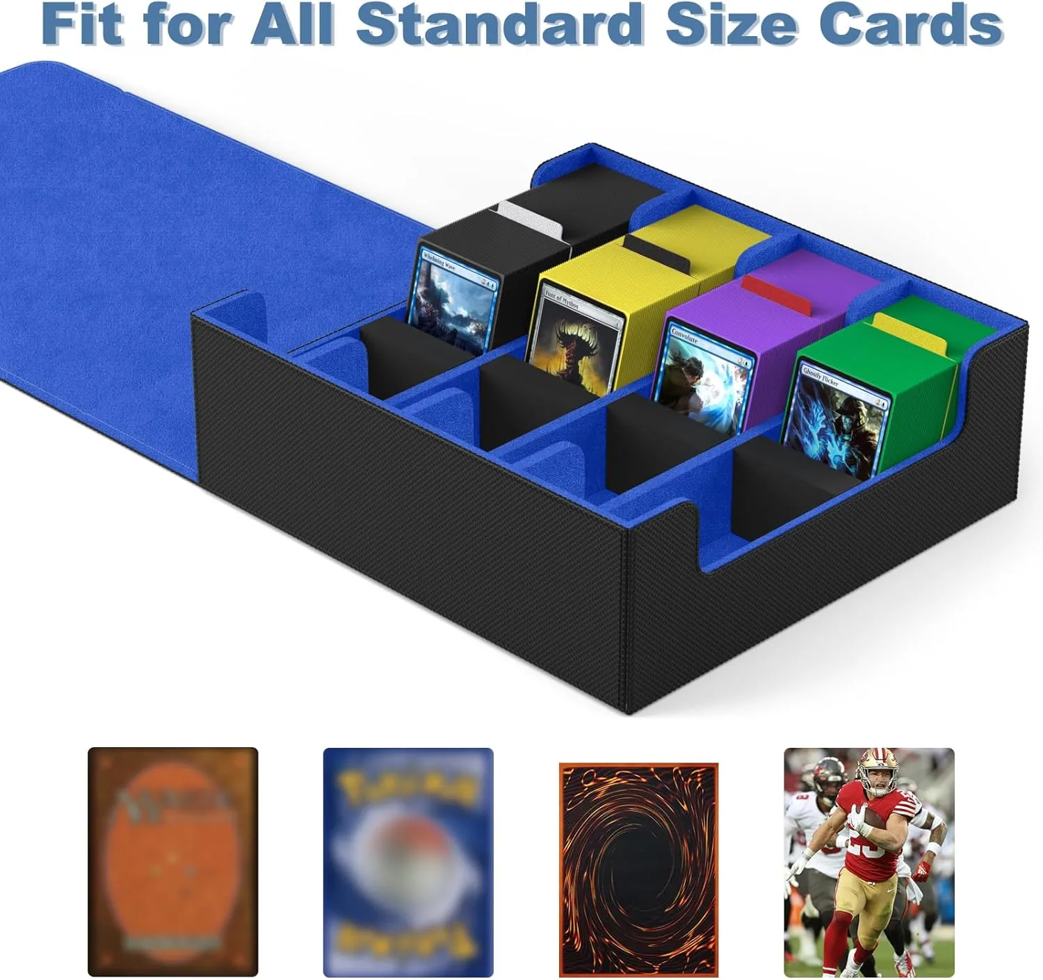 Mlikero Card Deck Case, 2400  Trading Card Storage Box with 10 Colorful Dividers and 4 Foam Stoppers, Leather Magnetic Closure Commander Deck Box Fit for MTG, TCG (4 Rows, Black&Blue)