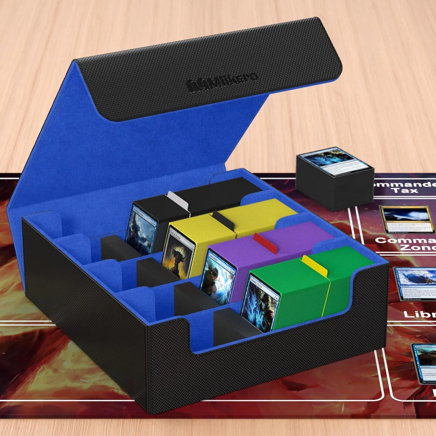 Mlikero Card Deck Case, 2400  Trading Card Storage Box with 10 Colorful Dividers and 4 Foam Stoppers, Leather Magnetic Closure Commander Deck Box Fit for MTG, TCG (4 Rows, Black&Blue)