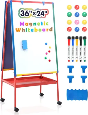 Mobile Dry Erase Board with Stand - 64.4" H Double Sided Portable Rolling Whiteboard Kids Easel for Classroom,Height Adjustable Magnetic White Board on Wheels for Home,School,36x24 inches