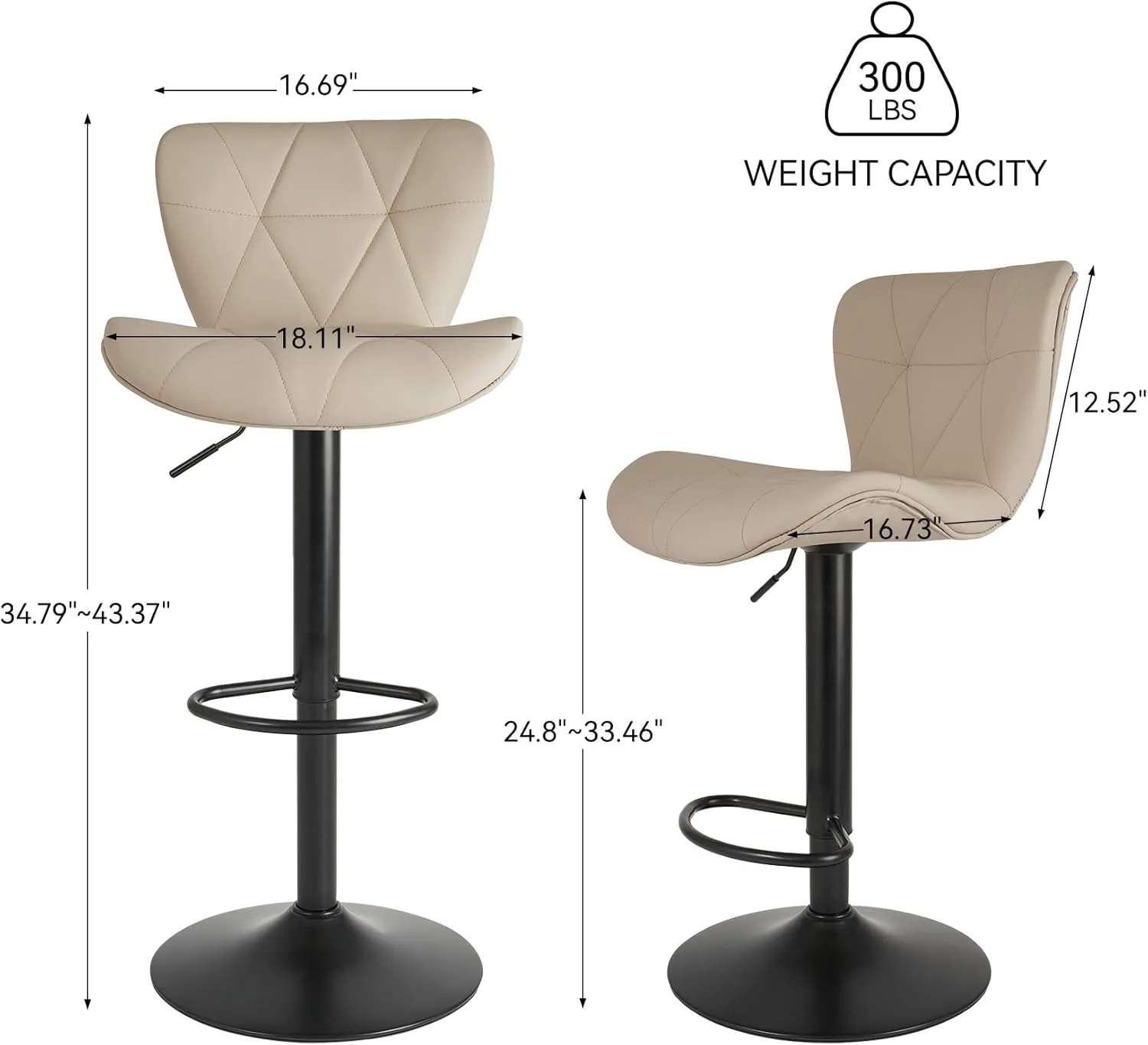 Modern Bar Stools Set of 2, Adjustable Faux Leather Upholstered Swivel Bar Stools, Counter Bar Chairs with Back for Kitchen Island, Khaki