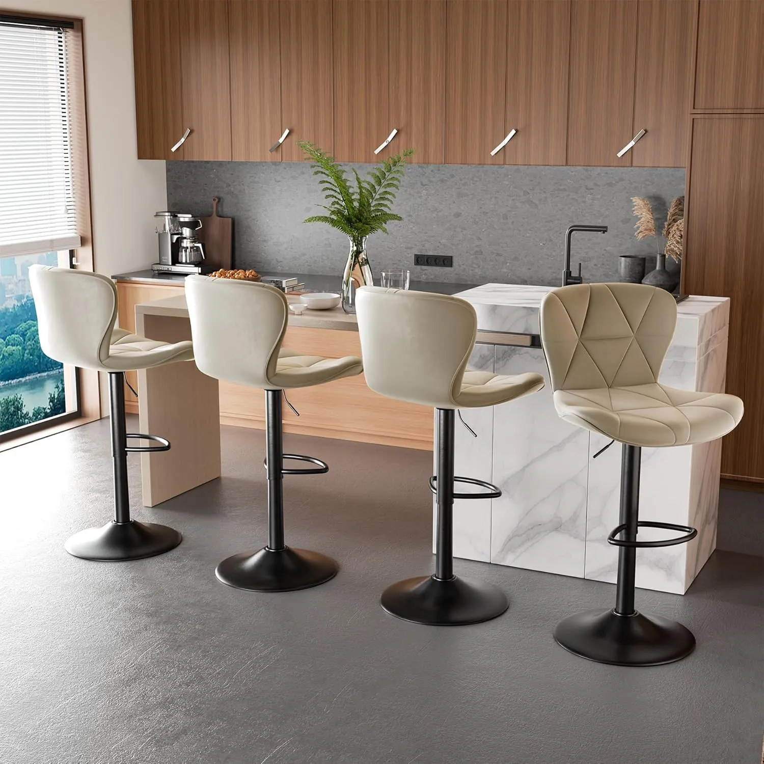 Modern Bar Stools Set of 2, Adjustable Faux Leather Upholstered Swivel Bar Stools, Counter Bar Chairs with Back for Kitchen Island, Khaki
