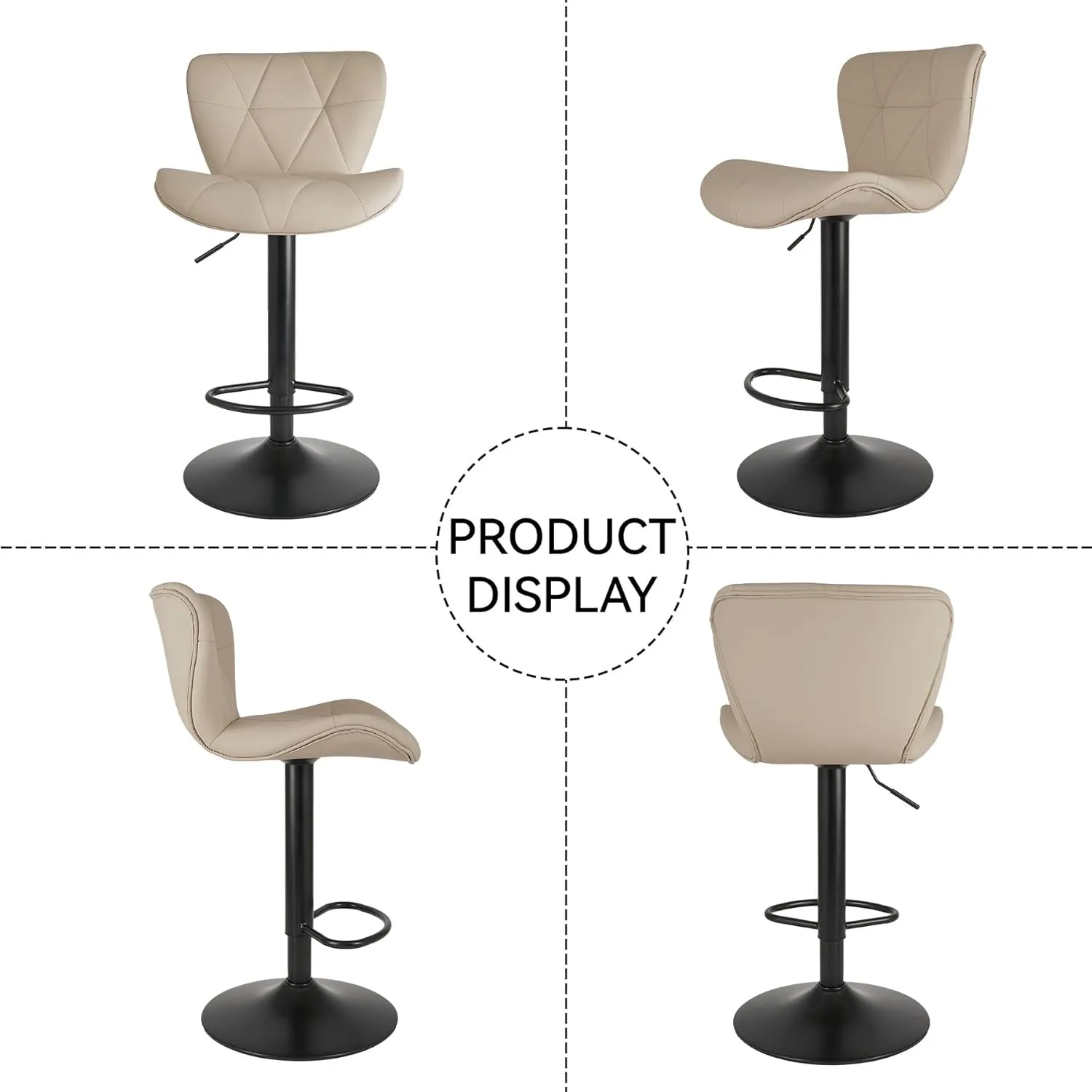 Modern Bar Stools Set of 2, Adjustable Faux Leather Upholstered Swivel Bar Stools, Counter Bar Chairs with Back for Kitchen Island, Khaki