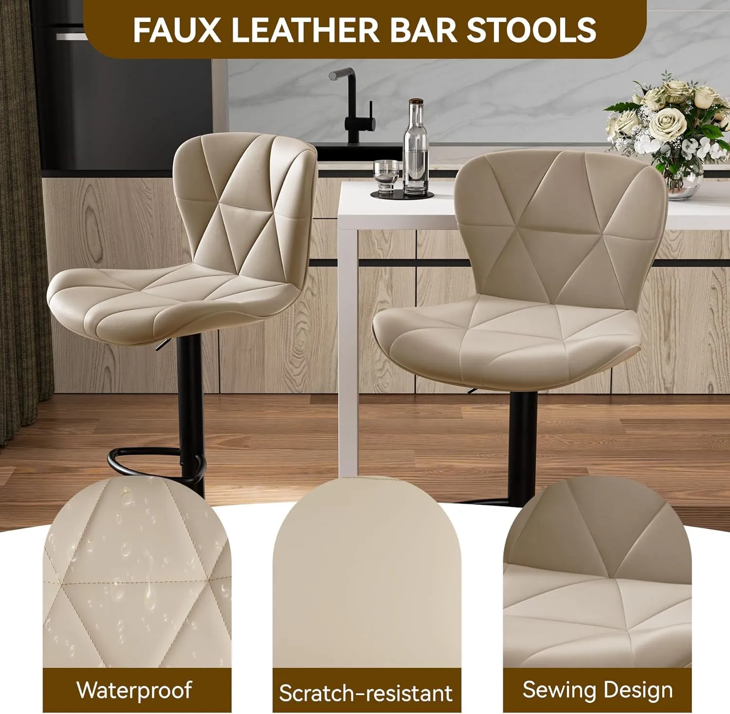 Modern Bar Stools Set of 2, Adjustable Faux Leather Upholstered Swivel Bar Stools, Counter Bar Chairs with Back for Kitchen Island, Khaki