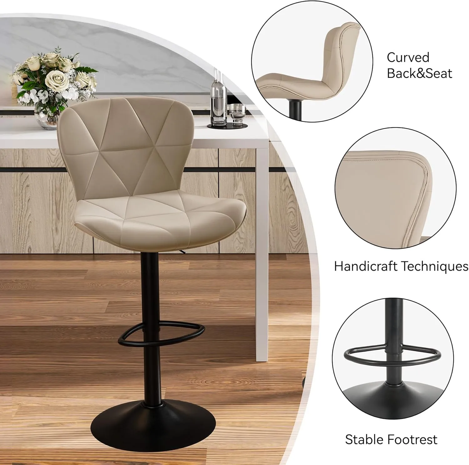 Modern Bar Stools Set of 2, Adjustable Faux Leather Upholstered Swivel Bar Stools, Counter Bar Chairs with Back for Kitchen Island, Khaki