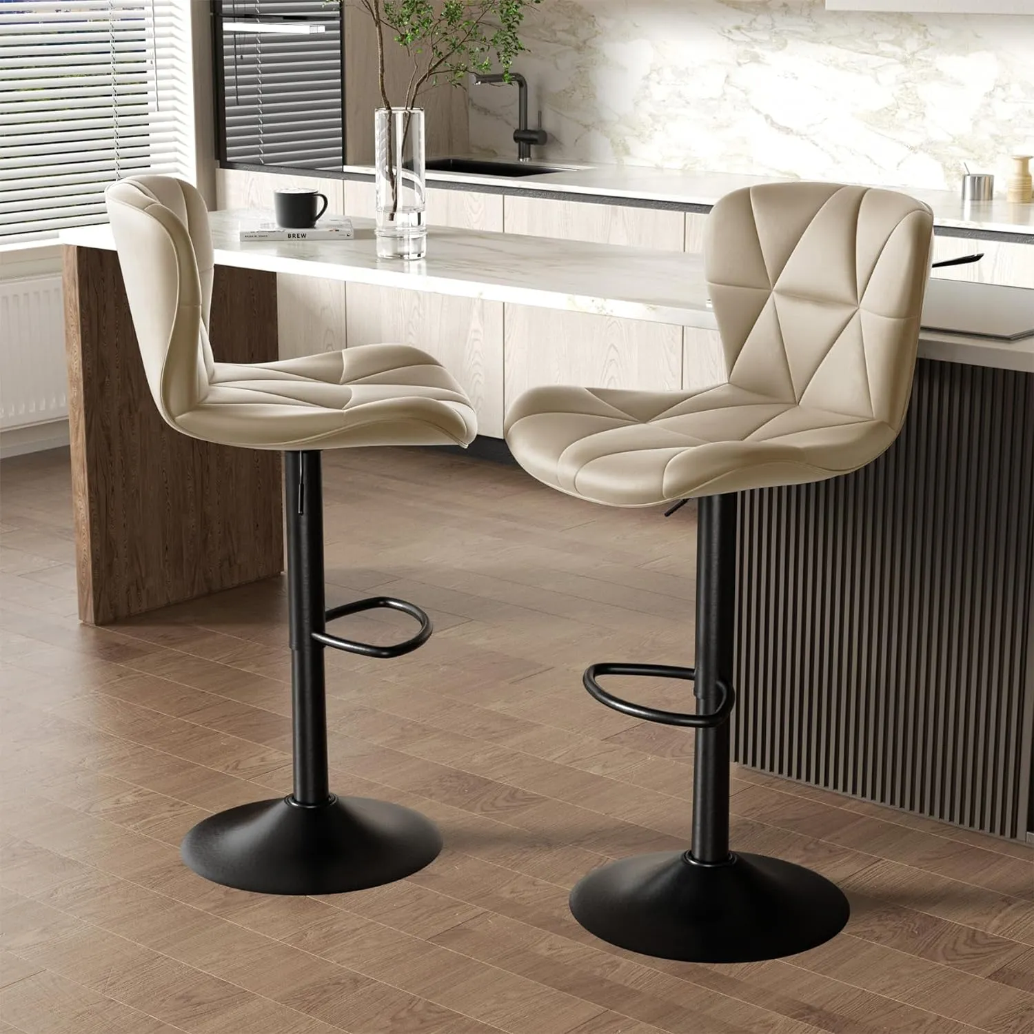 Modern Bar Stools Set of 2, Adjustable Faux Leather Upholstered Swivel Bar Stools, Counter Bar Chairs with Back for Kitchen Island, Khaki