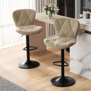 Modern Bar Stools Set of 2, Adjustable Faux Leather Upholstered Swivel Bar Stools, Counter Bar Chairs with Back for Kitchen Island, Khaki