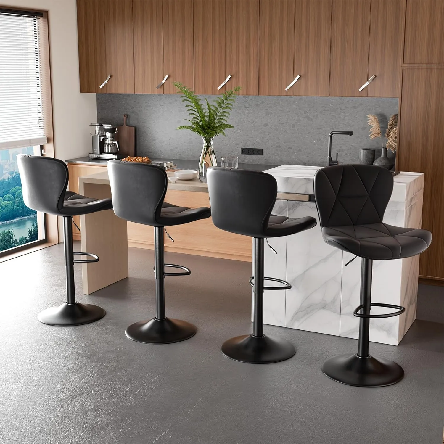 Modern Bar Stools Set of 2, Adjustable Faux Leather Upholstered Swivel Bar Stools, Counter Height Bar Chairs with Back for Kitchen Island, Black