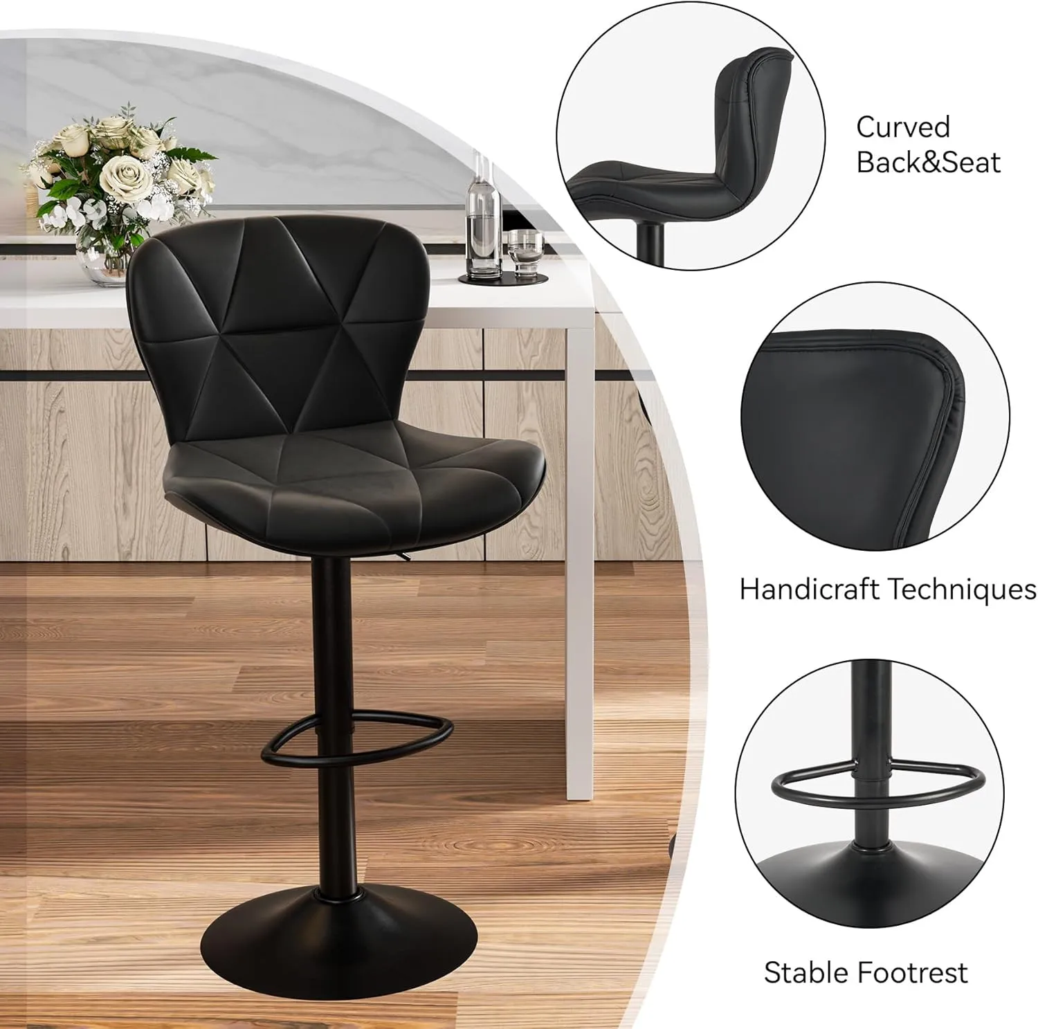 Modern Bar Stools Set of 2, Adjustable Faux Leather Upholstered Swivel Bar Stools, Counter Height Bar Chairs with Back for Kitchen Island, Black