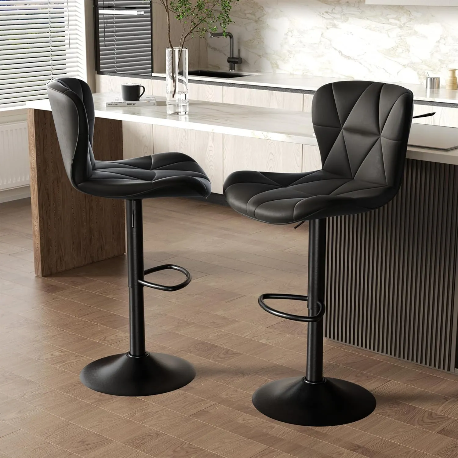 Modern Bar Stools Set of 2, Adjustable Faux Leather Upholstered Swivel Bar Stools, Counter Height Bar Chairs with Back for Kitchen Island, Black