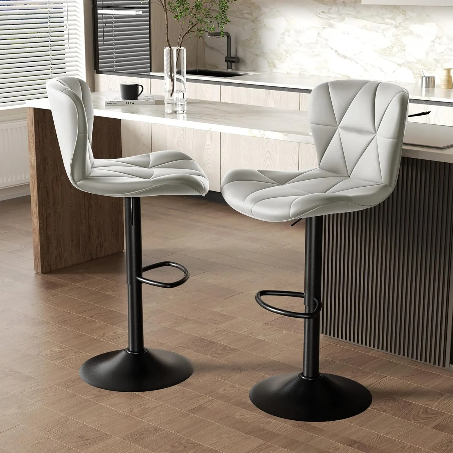 Modern Bar Stools Set of 2, Adjustable Faux Leather Upholstered Swivel Bar Stools, Counter Height Bar Chairs with Back for Kitchen Island, Light Grey