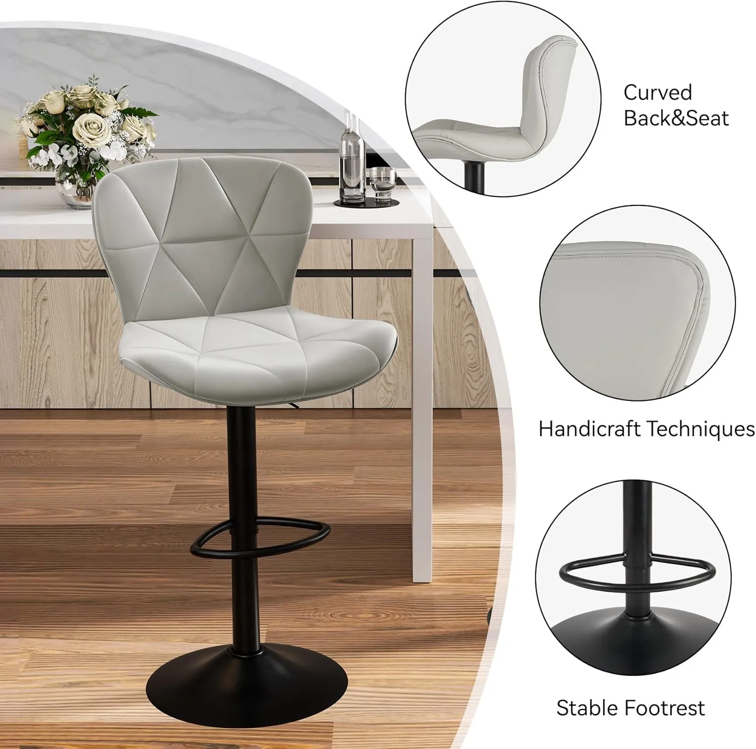 Modern Bar Stools Set of 2, Adjustable Faux Leather Upholstered Swivel Bar Stools, Counter Height Bar Chairs with Back for Kitchen Island, Light Grey