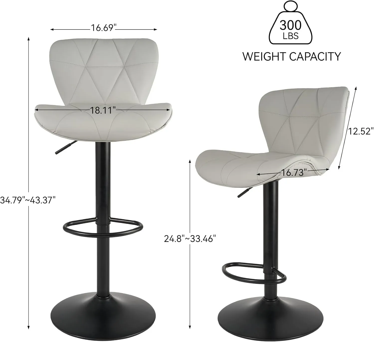 Modern Bar Stools Set of 2, Adjustable Faux Leather Upholstered Swivel Bar Stools, Counter Height Bar Chairs with Back for Kitchen Island, Light Grey
