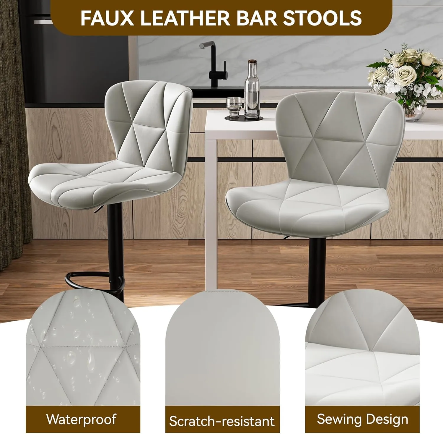Modern Bar Stools Set of 2, Adjustable Faux Leather Upholstered Swivel Bar Stools, Counter Height Bar Chairs with Back for Kitchen Island, Light Grey