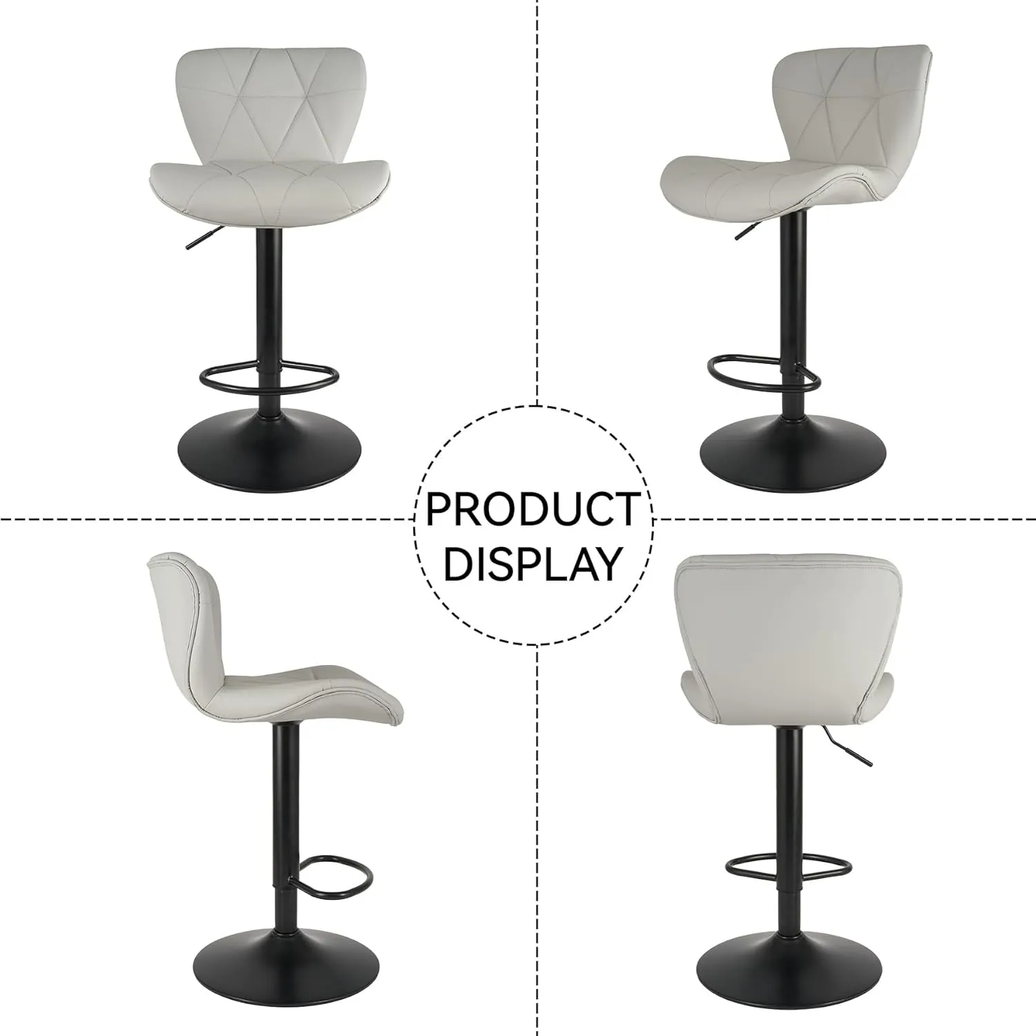 Modern Bar Stools Set of 2, Adjustable Faux Leather Upholstered Swivel Bar Stools, Counter Height Bar Chairs with Back for Kitchen Island, Light Grey