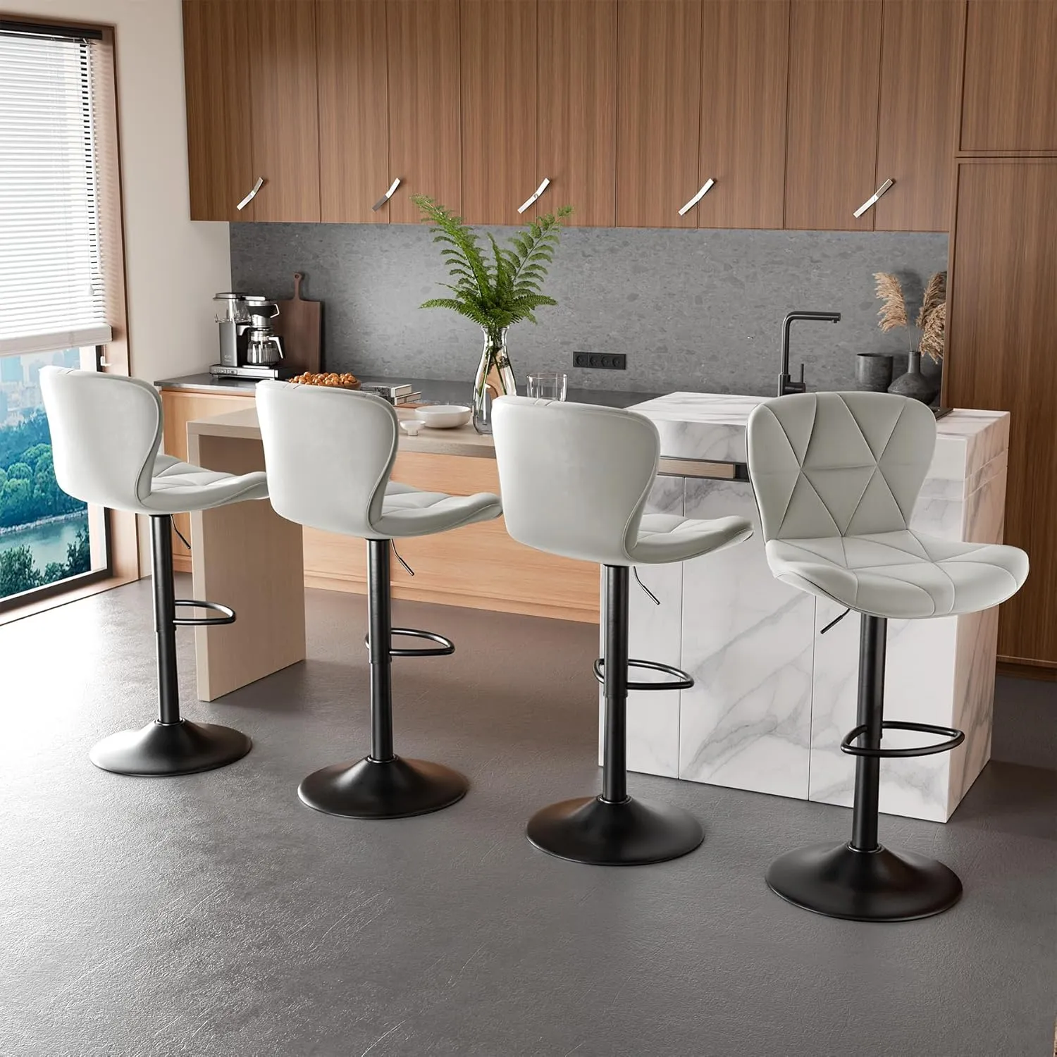 Modern Bar Stools Set of 2, Adjustable Faux Leather Upholstered Swivel Bar Stools, Counter Height Bar Chairs with Back for Kitchen Island, Light Grey