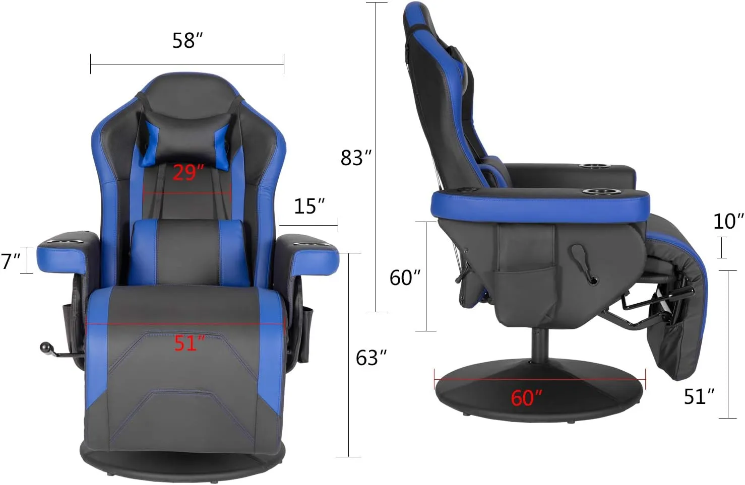 Modern-Depo Gaming Recliner Chair with Speakers, Massage, High Back, Cupholder, Headrest, Lumbar Support, Ergonomic Video Computer Chair with Adjustable Backrest and Footrest, Black Blue