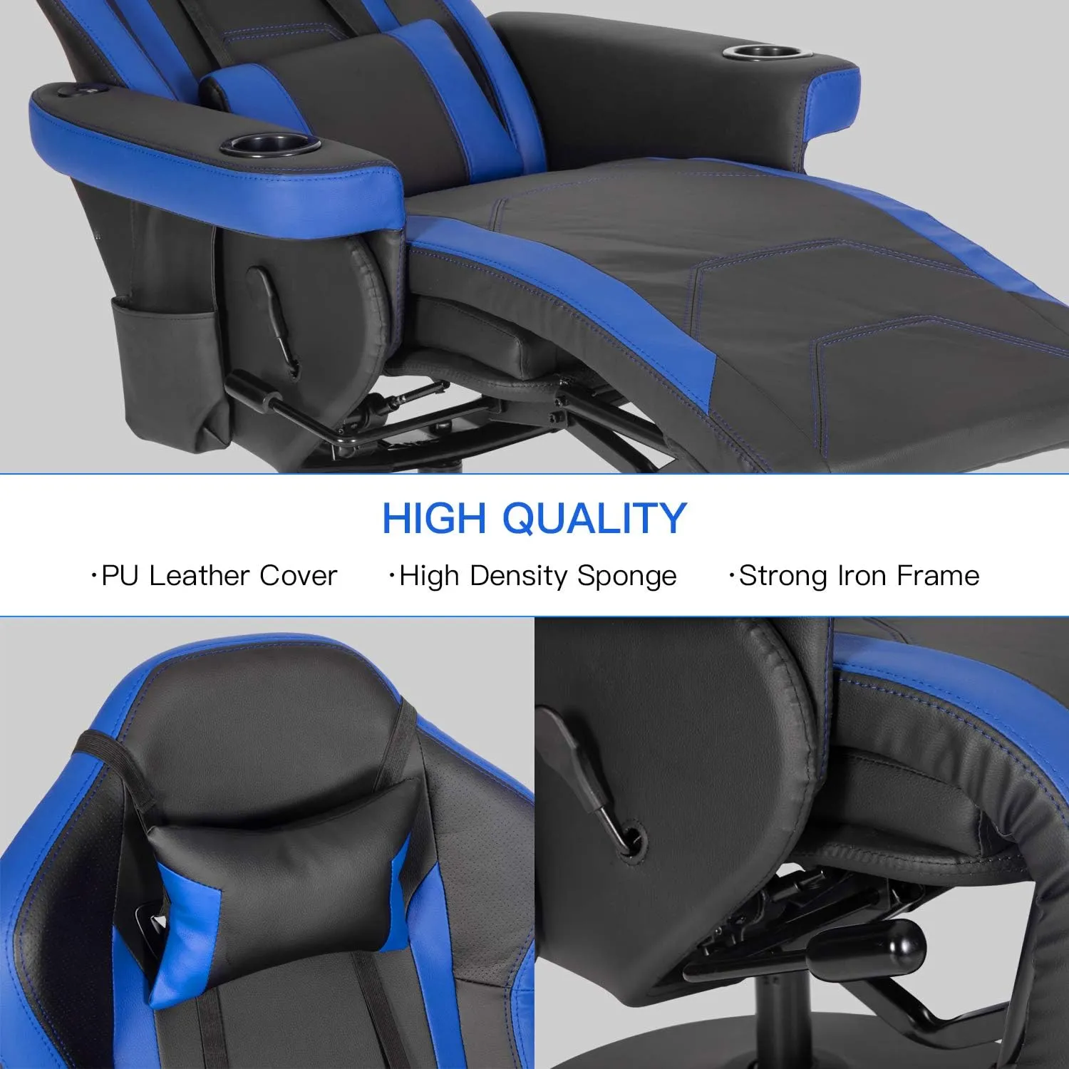 Modern-Depo Gaming Recliner Chair with Speakers, Massage, High Back, Cupholder, Headrest, Lumbar Support, Ergonomic Video Computer Chair with Adjustable Backrest and Footrest, Black Blue
