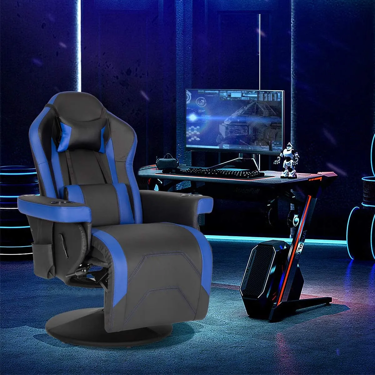 Modern-Depo Gaming Recliner Chair with Speakers, Massage, High Back, Cupholder, Headrest, Lumbar Support, Ergonomic Video Computer Chair with Adjustable Backrest and Footrest, Black Blue