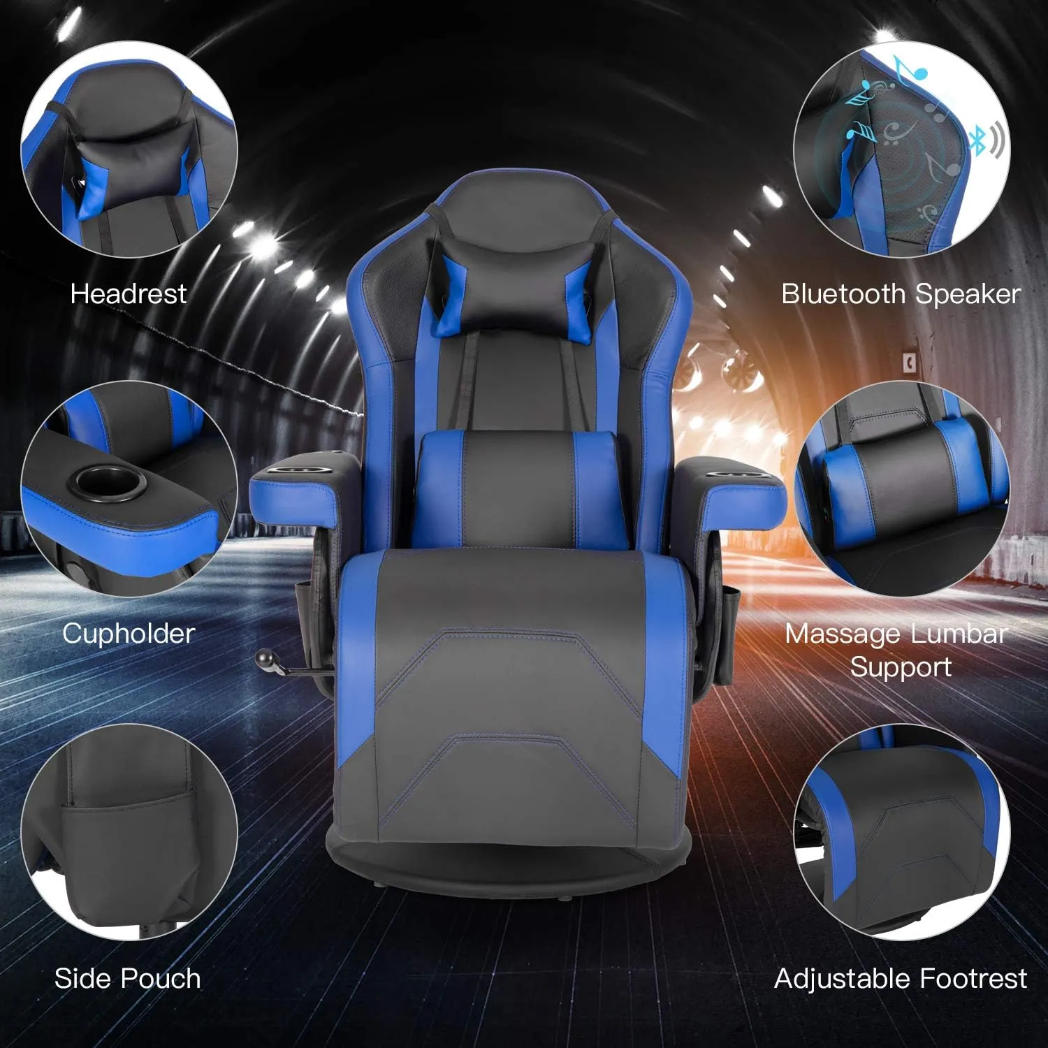 Modern-Depo Gaming Recliner Chair with Speakers, Massage, High Back, Cupholder, Headrest, Lumbar Support, Ergonomic Video Computer Chair with Adjustable Backrest and Footrest, Black Blue