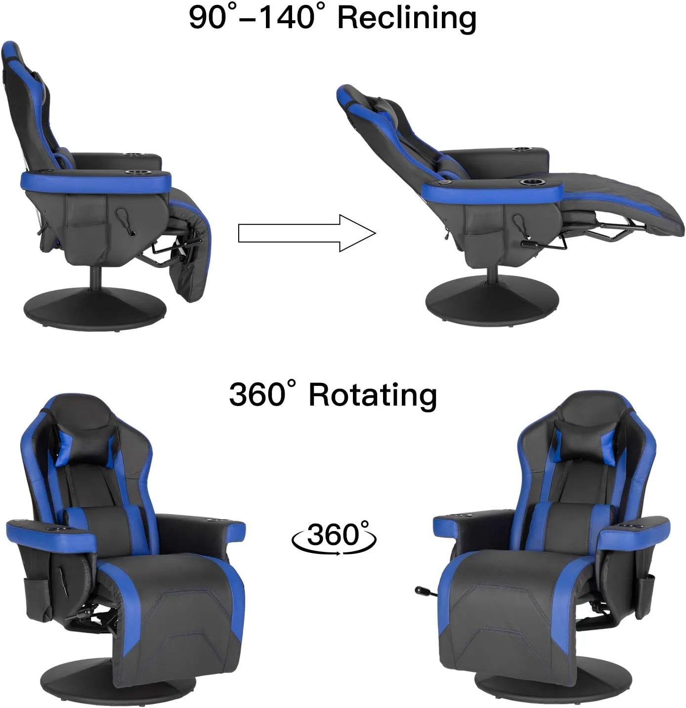 Modern-Depo Gaming Recliner Chair with Speakers, Massage, High Back, Cupholder, Headrest, Lumbar Support, Ergonomic Video Computer Chair with Adjustable Backrest and Footrest, Black Blue