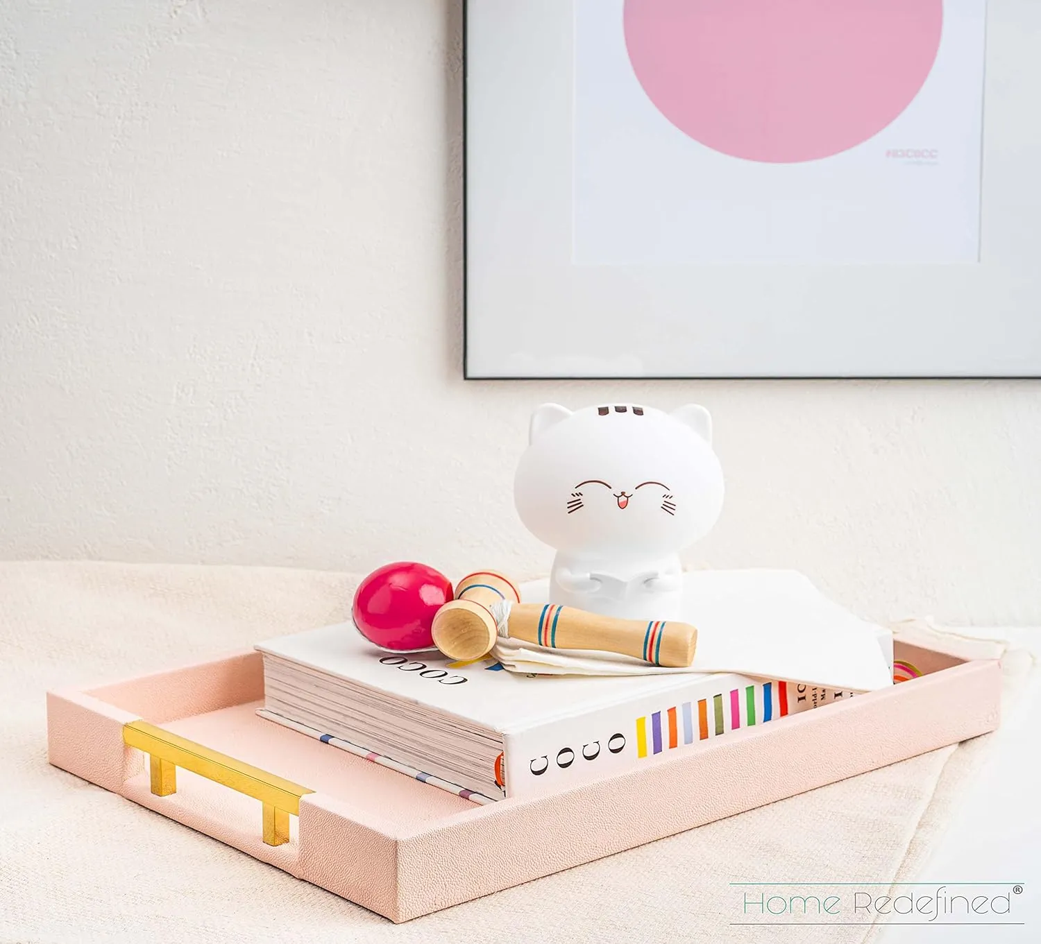 Modern Elegant 18"x12" Rectangle Baby Pink Tray Glossy Shagreen Faux Leather Decorative Ottoman Coffee Table Perfume Dresser Kitchen Serving Tray with Gold Polished Metal Handles.
