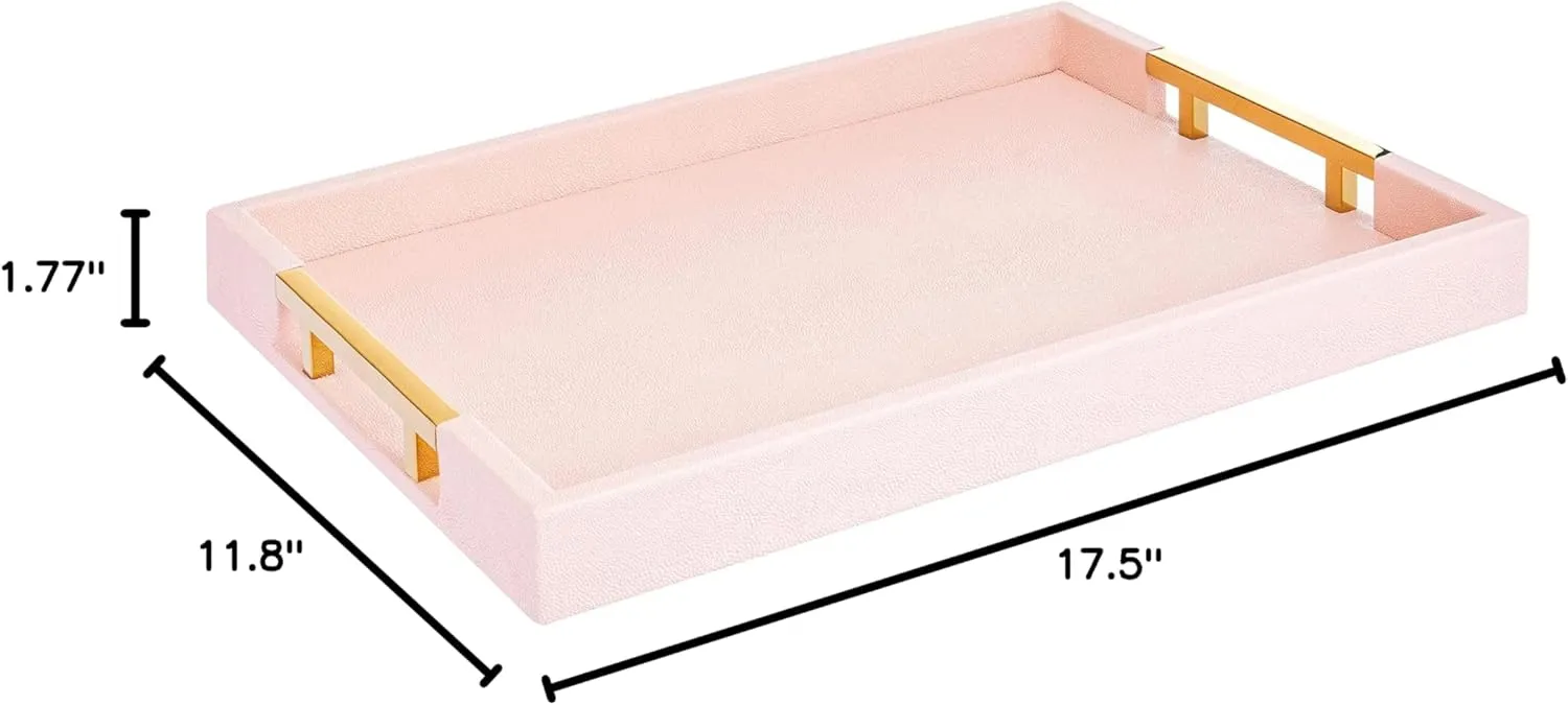 Modern Elegant 18"x12" Rectangle Baby Pink Tray Glossy Shagreen Faux Leather Decorative Ottoman Coffee Table Perfume Dresser Kitchen Serving Tray with Gold Polished Metal Handles.