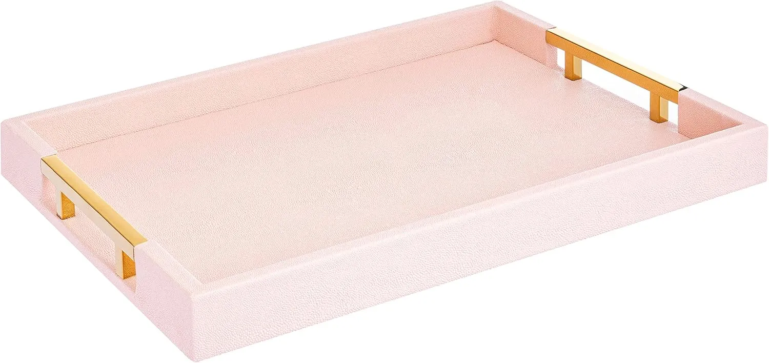 Modern Elegant 18"x12" Rectangle Baby Pink Tray Glossy Shagreen Faux Leather Decorative Ottoman Coffee Table Perfume Dresser Kitchen Serving Tray with Gold Polished Metal Handles.