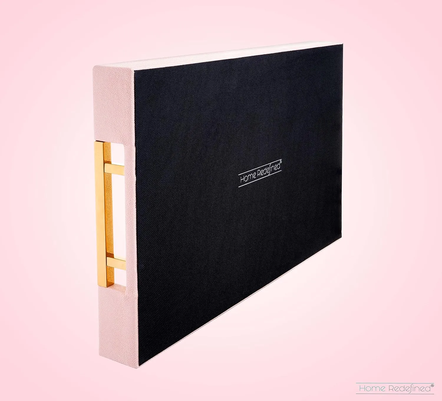 Modern Elegant 18"x12" Rectangle Baby Pink Tray Glossy Shagreen Faux Leather Decorative Ottoman Coffee Table Perfume Dresser Kitchen Serving Tray with Gold Polished Metal Handles.