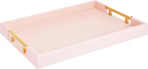 Modern Elegant 18"x12" Rectangle Baby Pink Tray Glossy Shagreen Faux Leather Decorative Ottoman Coffee Table Perfume Dresser Kitchen Serving Tray with Gold Polished Metal Handles.