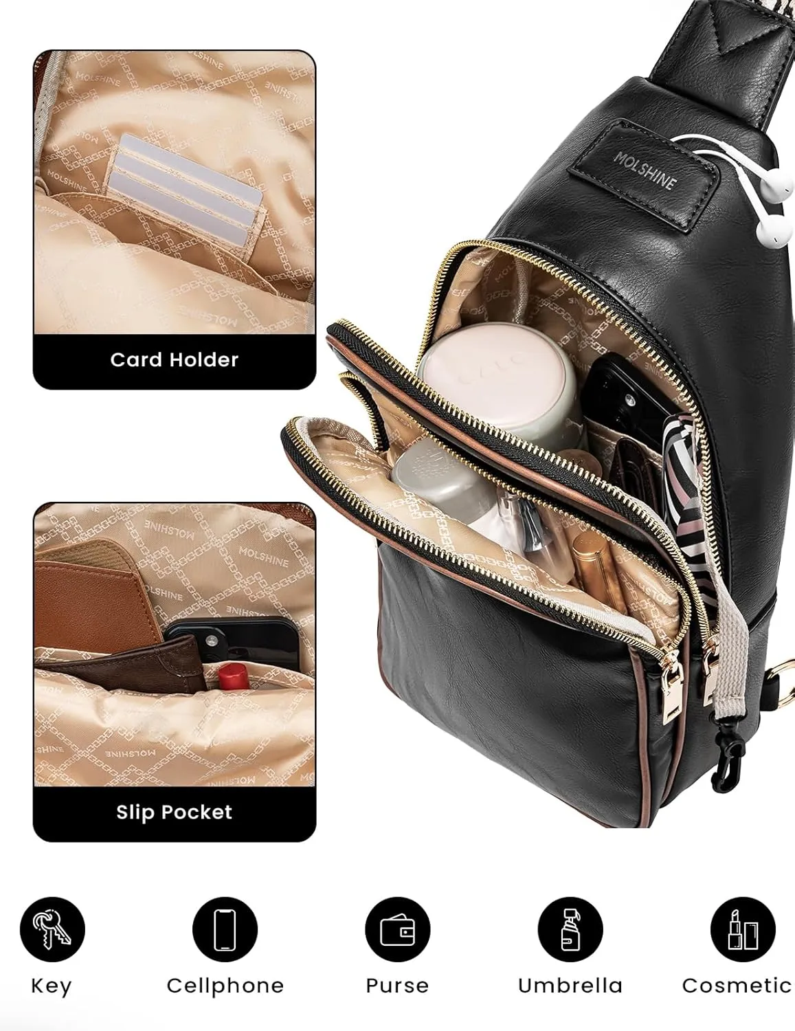 molshine Sling Crossbody Bag, Fashion Chest, Casual PU Leather Shoulder Bag for Men Women Work Travel Hiking Sport Cycling