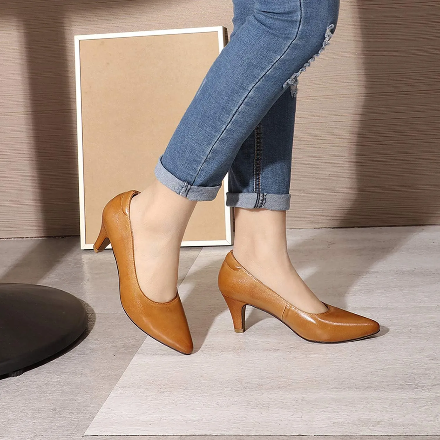 Mona flying Women's Leather Comfort Closed Pointed Toe Pumps Womens High Heels Work Office Dress Shoes for Ladies