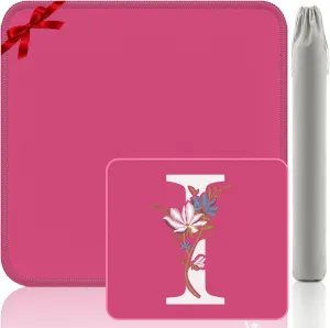 Monogram I Mahjong Mat - Gift-Quality Embroidery Game Mat 32.4x32.4 Inch, Pink Noise Reduction Design for Poker/Dominoes (Letter I)