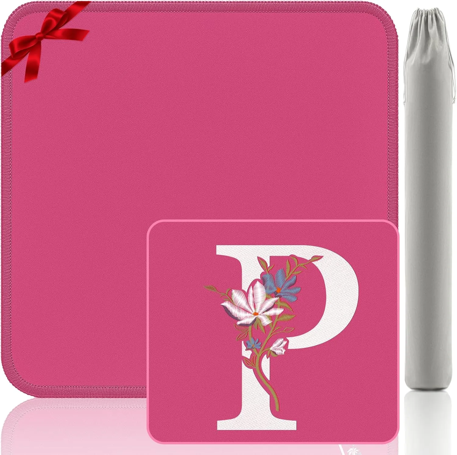 Monogram P Mahjong Mat - 32.4x32.4 Inch Gift-Quality Embroidery Mat, Pink Noise Reduction Surface for Board Games (Letter P)