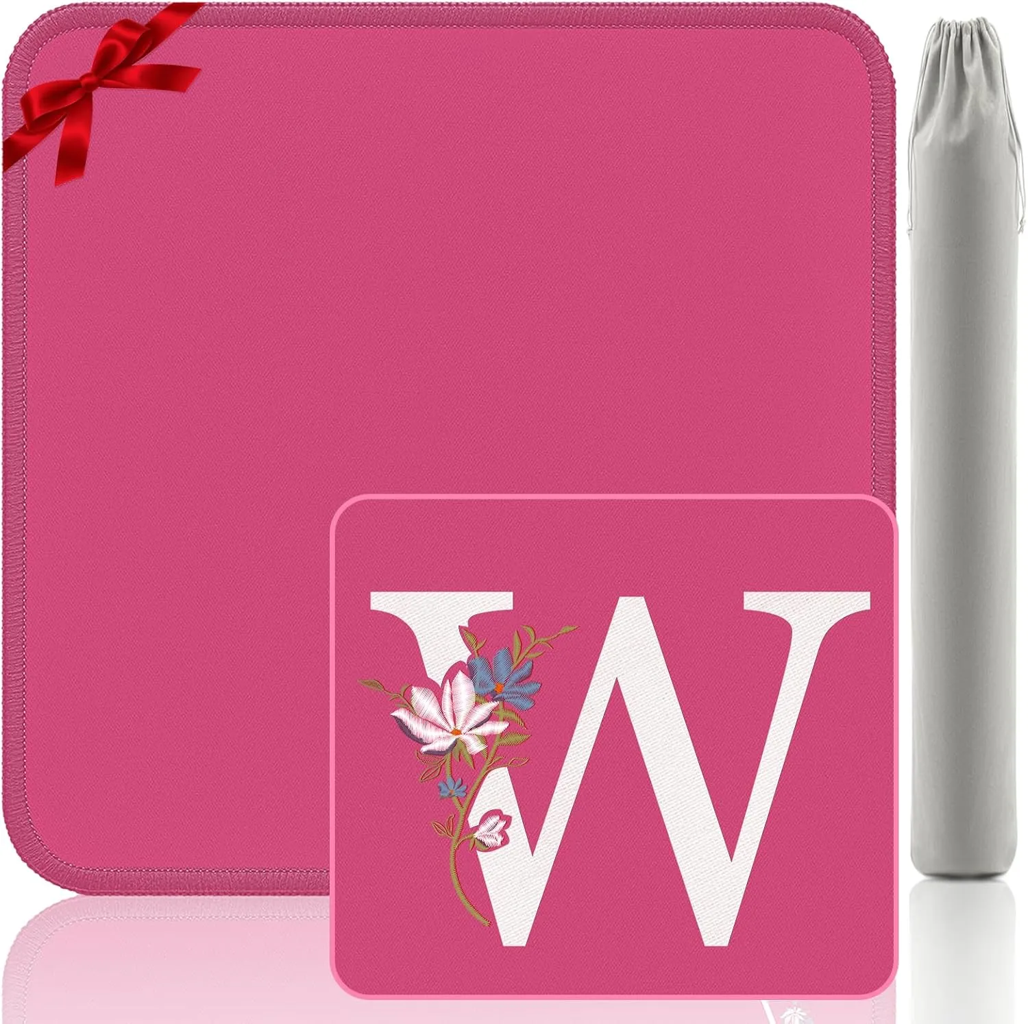Monogram W Gaming Mat - 32.4x32.4 Inch Embroidery Mahjong Gift, Pink Non-Slip Design for Board Games/Poker (Letter W Edition)