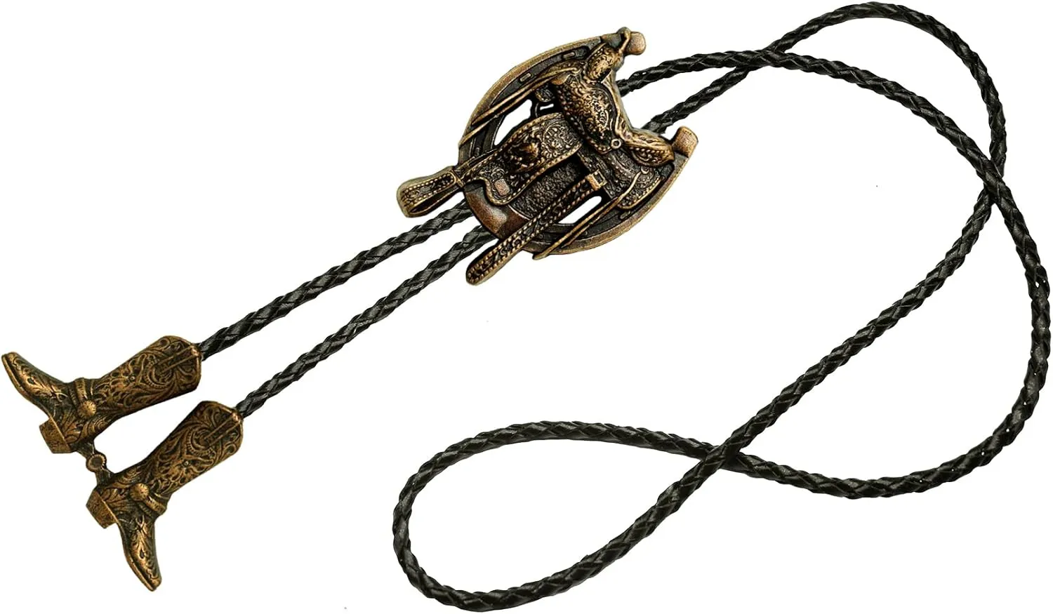 Moranse Bolo Tie with Western Cowboy Hat Saddle And Knight Boots Style Genuine and Cowhide Rope