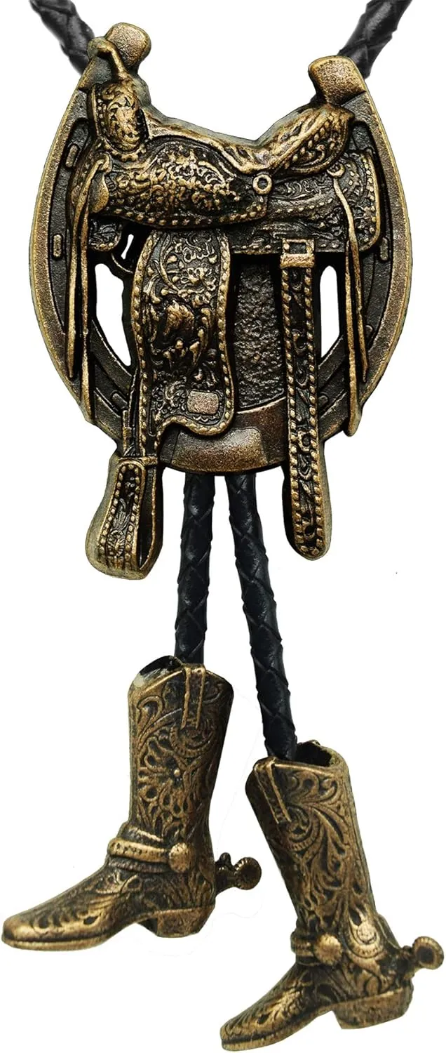 Moranse Bolo Tie with Western Cowboy Hat Saddle And Knight Boots Style Genuine and Cowhide Rope