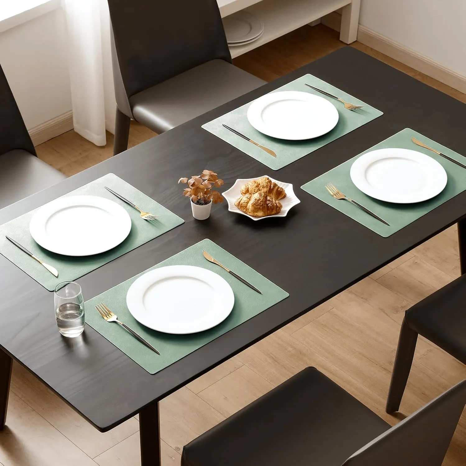 MOSAYT Vinyl Placemats Set of 12-12 X 17 Inch - Faux Leather 100% Waterproof Oil-Proof Wipeable PU Place Mats, Heat Resistant Reversible Table Mats for Kitchen, Dining, Outdoor (Green)