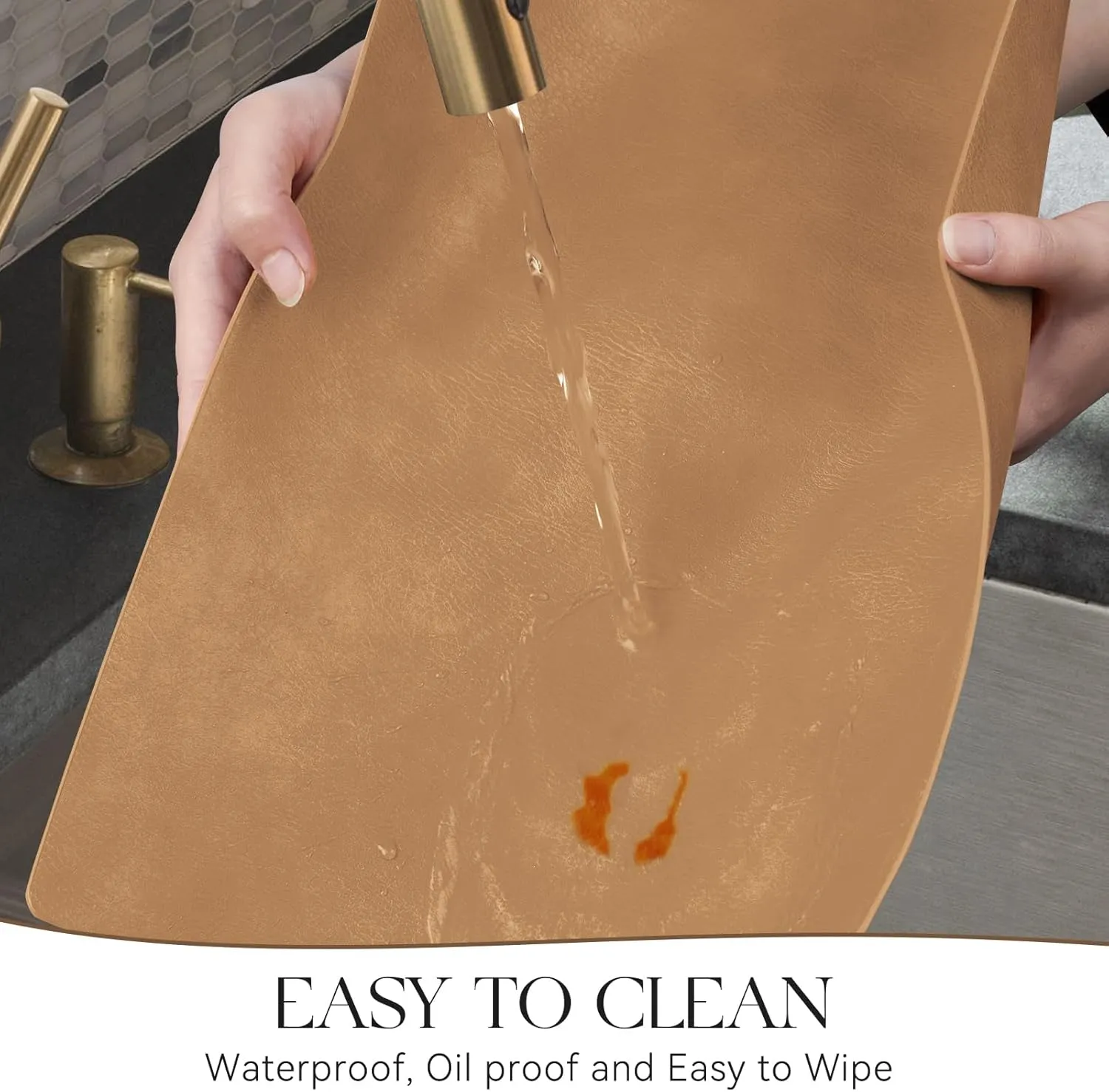 MOSAYT Vinyl Placemats Set of 6-12 X 17 Inch - Faux Leather 100% Waterproof Oil-Proof Wipeable PU Place Mats, Heat Resistant Reversible Table Mats for Kitchen, Dining, Outdoor (Camel)
