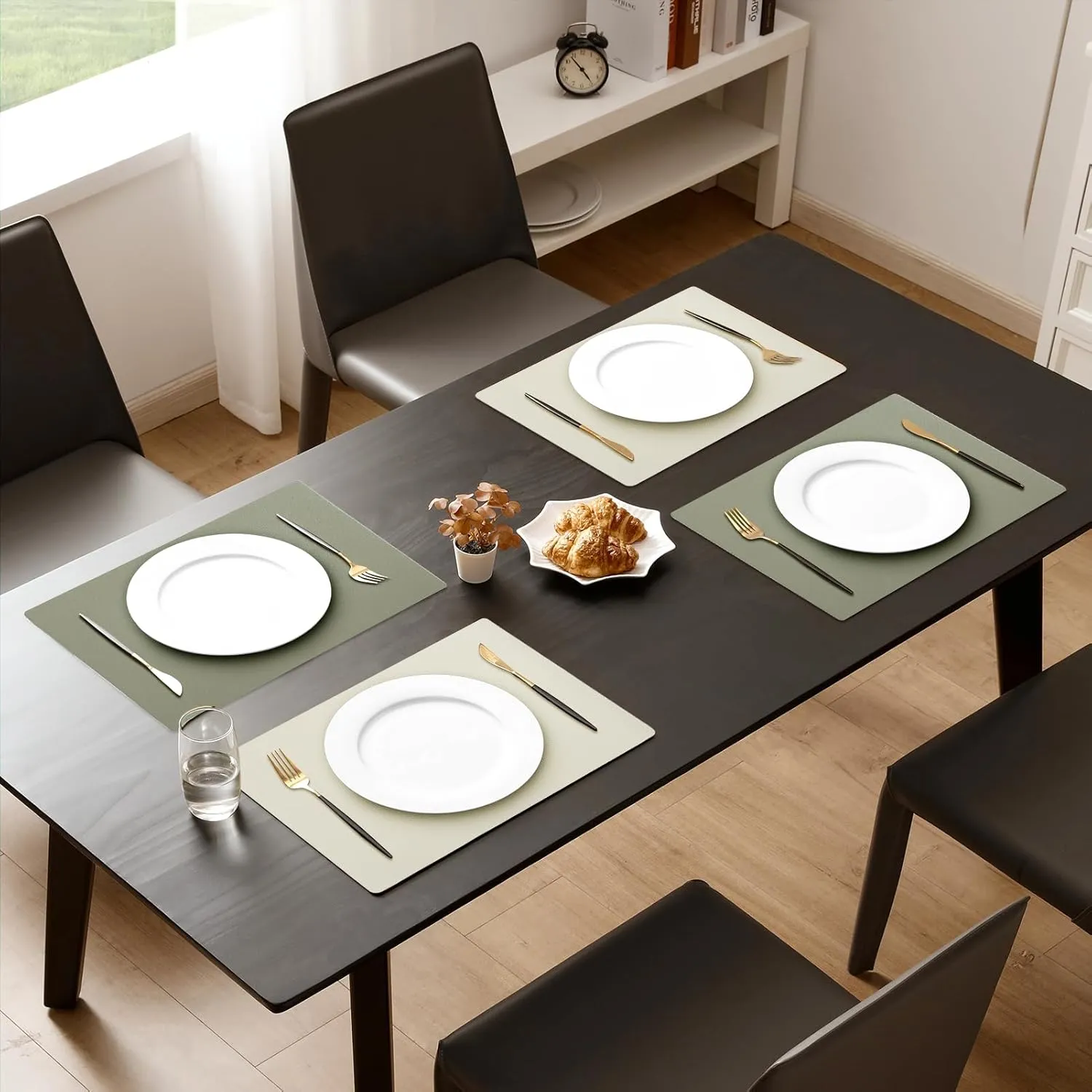MOSAYT Vinyl Placemats Set of 6, Heat Resistant Place Mats 100% Waterproof Washable & Wipeable Faux Leather Reversible Table Mats for Kitchen Dining Party Indoor Outdoor, 12" x 17", Beige Sage Green