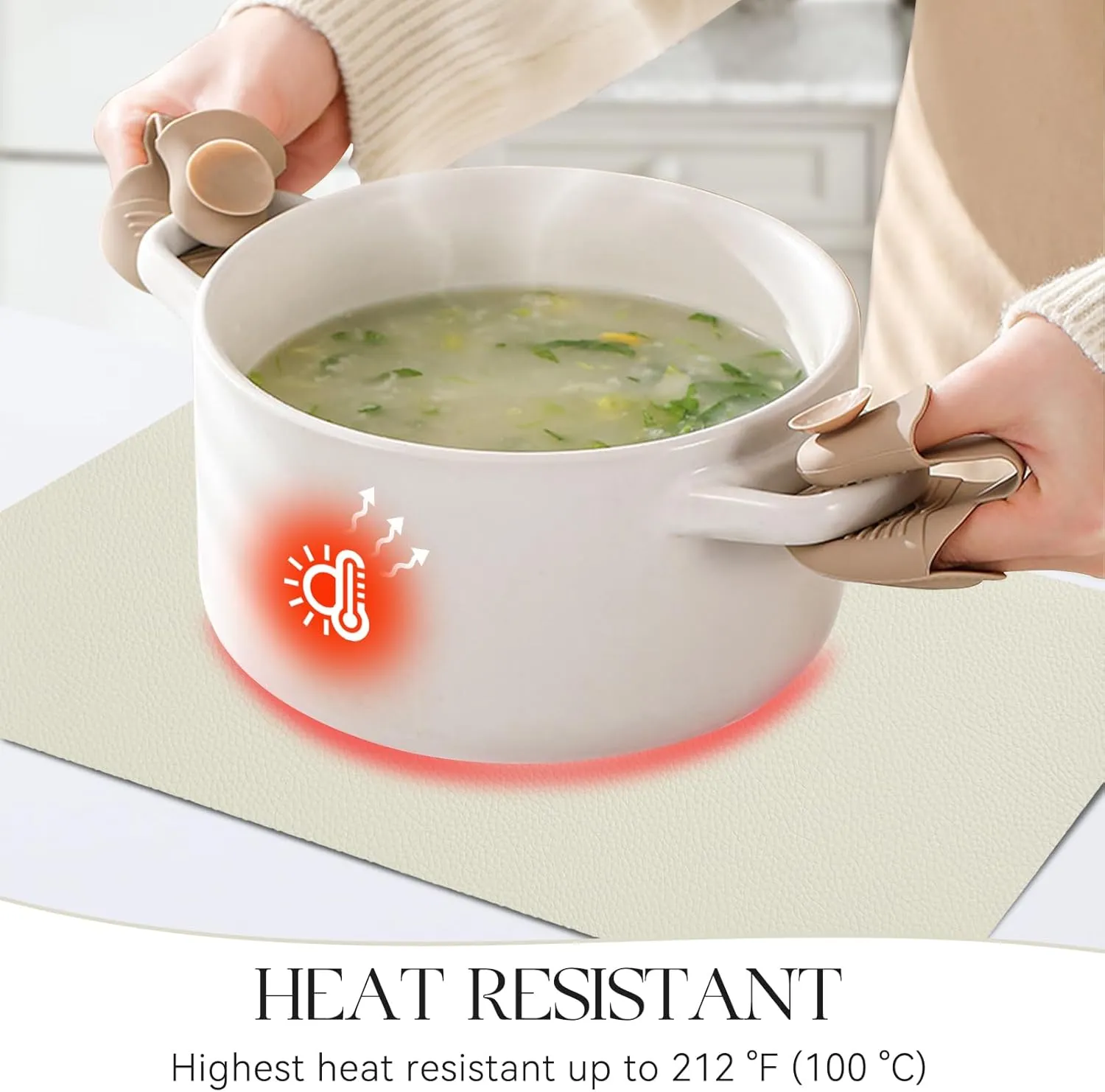 MOSAYT Vinyl Placemats Set of 6, Heat Resistant Place Mats 100% Waterproof Washable & Wipeable Faux Leather Reversible Table Mats for Kitchen Dining Party Indoor Outdoor, 12" x 17", Beige Sage Green