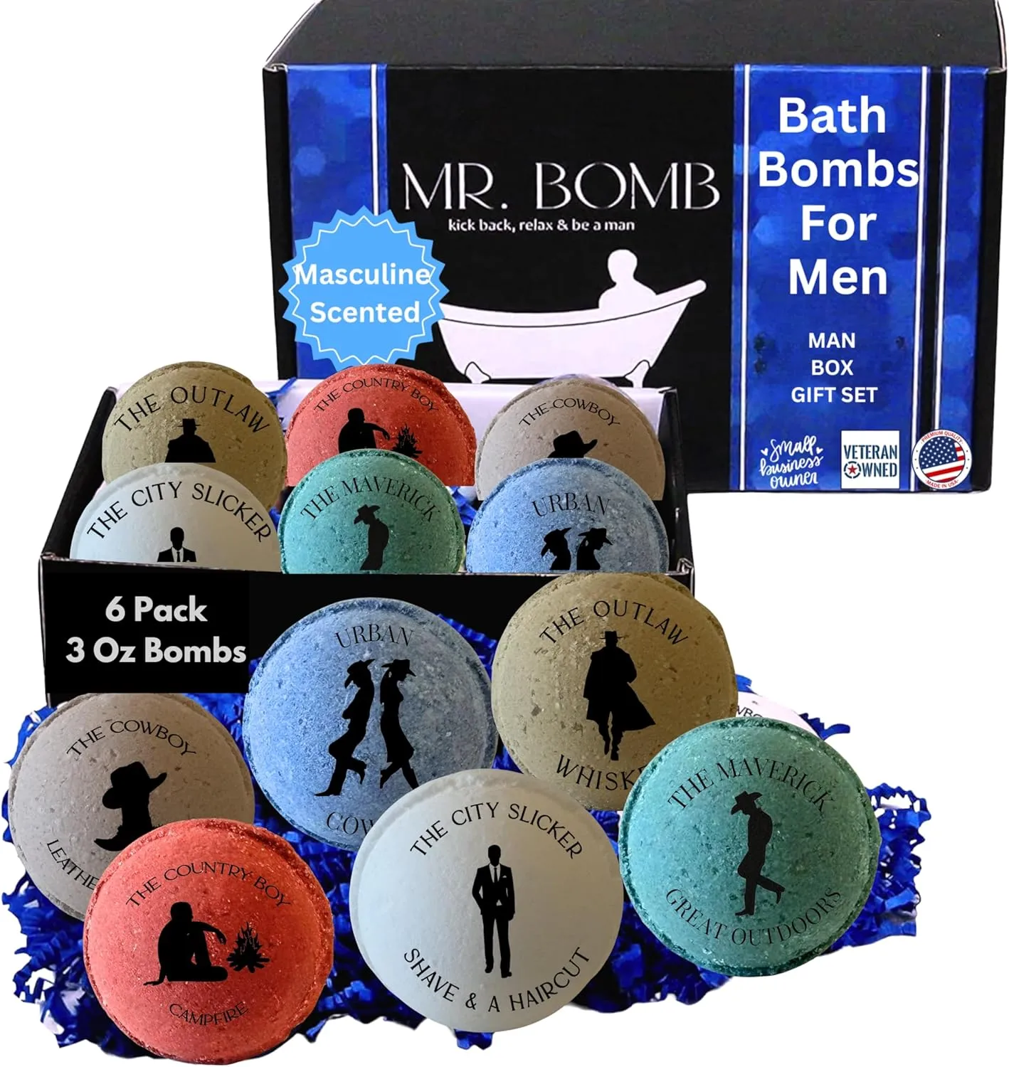 Mr. Bomb Dude Bath Bombs for Men, Infused for Guy Relaxation, Gift for Him, Manly Bath Soak, Masculine Scents for Men, Relaxing Bliss for The Gents - USA Crafted 6 Pk Male Set, Cowboy-Up Collection