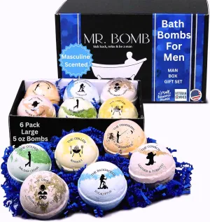Mr. Bomb Dude Bath Bombs for Men, Infused for Guy Relaxation, Gift for Him, Manly Bath Soak, Masculine Scents for Men, Relaxing Bliss for The Gents - USA Crafted 6 Pk Male Set (Man-Up Large 5 OZ)
