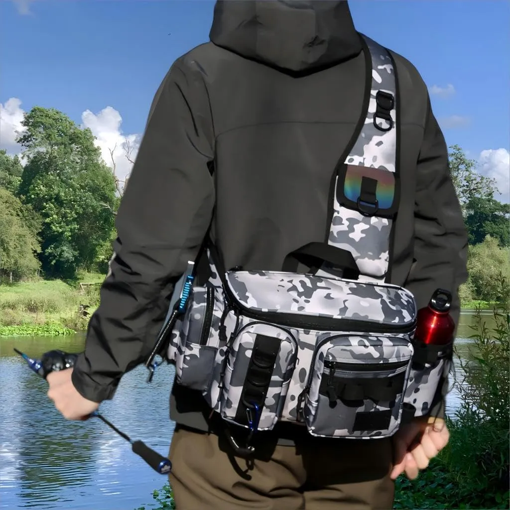 Multifunctional Fishing Tackle Bag Lightweight Waterproof Crossbody Shoulder Pack with Rod Holder for Fly Fishing, Camping, and Hiking (Black)