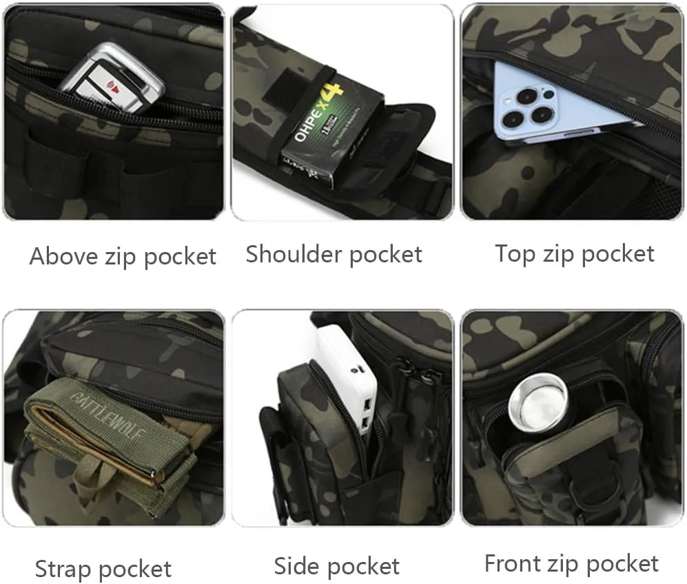 Multifunctional Fishing Tackle Bag Lightweight Waterproof Crossbody Shoulder Pack with Rod Holder for Fly Fishing, Camping, and Hiking (Black)